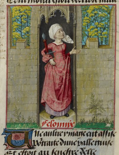 Detalj av en miniatyr av den allegoriske figuren til Feloniye (Forbrytelse), i den første kolonnen av folioen, fra 