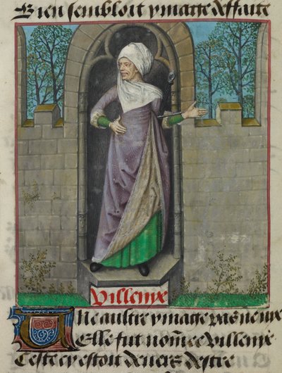 Detalj av en miniatyr av den allegoriske figuren til Vilenie (Villainy), i den andre kolonnen av folioen, fra 