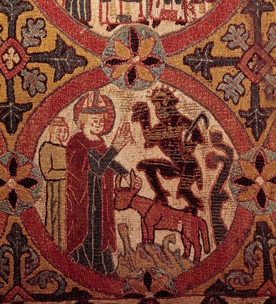 Detalj av et broderi som skildrer Sankt Martins fristelse. Islandsk billedvev. 1390-1403. Paris, Nasjonalmuseet for middelalderen, Thermes de Cluny av Unknown artist