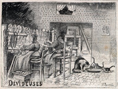 Devideuses - Atelier de Canut - interiør av et silkeveververksted i Lyon gravering i "Le Progres illustrious"" fra 1895 av Unknown artist