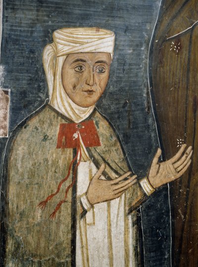Troende Saramalyna Anastasia i klær fra 1300-tallet, freskomaleri i den bysantinske kirken Vår Frue av Asinou (1100-tallet) (Unescos verdensarvliste, 2001), Troodosfjellene, Kypros av Unknown artist
