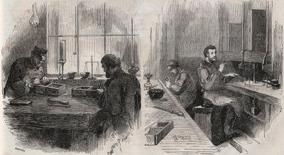 Diamantskjæring i et verksted i Nederland: kløvere og polere - Gravering i "" Le Monde Illustré"" av Unknown artist