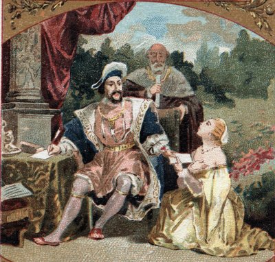 Diane de Poitiers (1499-1566) dame fra Breze, ved Chateau d'Anet (Eure-et-Loir) ber Francois I (1494-1547) om nåden til hennes overvunne far for å ha dyppet seg inn i de kriminelle rammene til konnetablen. av Bourbon. Kromolitografi av lat av Unknown artist