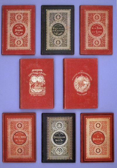 Ulike omslag til Jules Vernes bøker utgitt i Hetzel-utgaver. Verne biblioteksamling. Paris. av Unknown artist
