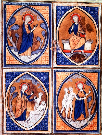 Ulike stadier av World Creation representert i mandorles. Miniatyr fra et manuskript fra 1200-tallet. Porto, kommunalt bibliotek av Unknown artist