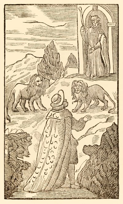Vanskeligheten ligger bak, Frykt er før fra The Pilgrims Progress From This World, To That Who Is To Come av John Bunyan (1628-1688) Christian passerer mellom løvene mens Vakker portieren ser på av Unknown
