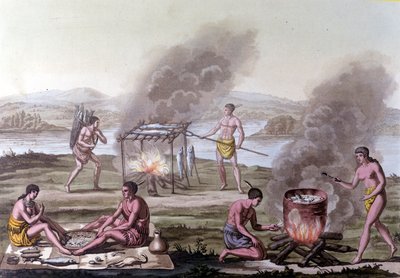 Spise- og matlagingsscene blant Florida-indianerne. 1600-talls gravering. av Unknown artist