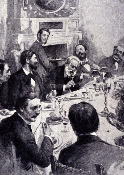 Spise ved bordet av Victor Hugo med Jean Mounet Sully (Mounet-Sully) (1841 - 1916), fransk skuespiller. Gravering av 1800-tallet. av Unknown artist