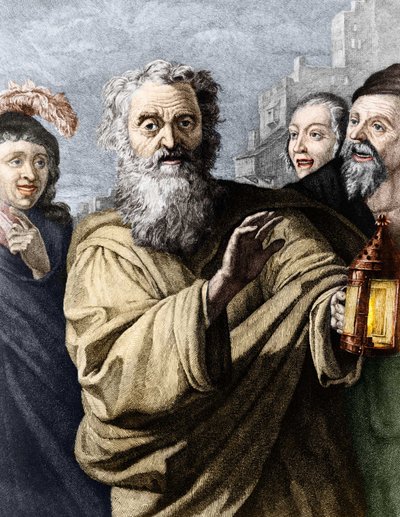 Diogenes (cynic philosopher) and his lantern, with which he searched for an honest man. 19th century engraving. av Unknown artist