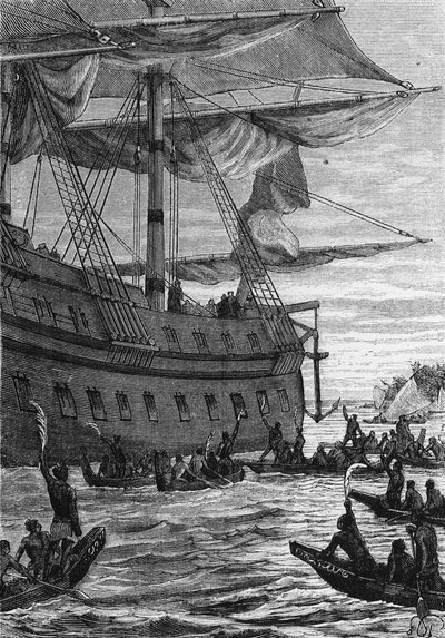 Discovery des Indes: reise til Wallis i Stillehavet; Innfødte skal møte Colons - i "" Les Voyageurs du 18eme et 19eme ecle", av Jules Verne, red. Hetzel et Cie, Paris. av Unknown artist