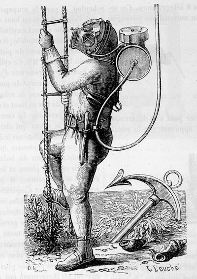 Dykker belagt med gummiklær og regulatortank - i "" The wonders of science", av Louis Figuier av Unknown artist