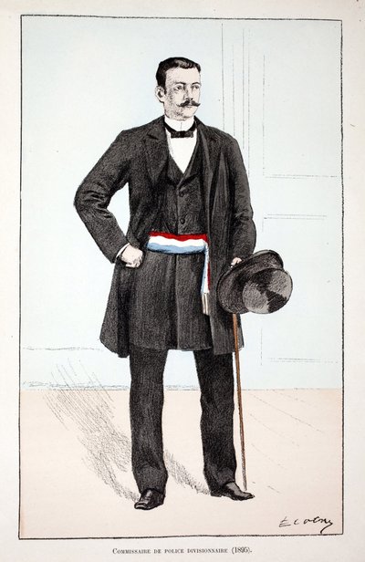 Avdelingspolitikommissær (1896). Etsning i farger, for illustrasjon "" History of the corps of peacekeepers""" bok utgitt i regi av Louis Lepine (1846-1933) prefekt for politiet på Seinen, av Alfred Rey (1864-?) og Louis Iron av Unknown artist