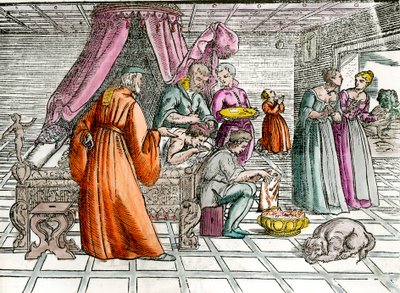 Lege: "" En trepanasjon""" En kirurg opererer pasientens hodeskalle. Gravering av privatsamlingen fra 1500-tallet av Unknown artist