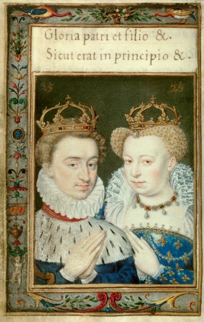 Dobbeltportrett av Henrik IV, konge av Frankrike (1553-1610) og Marguerite de Valois (1553 - 1615) kjent som dronning Margot. Miniatyr fra timeboken av Catherine de Medicis (Caterina de Medici) av Unknown artist