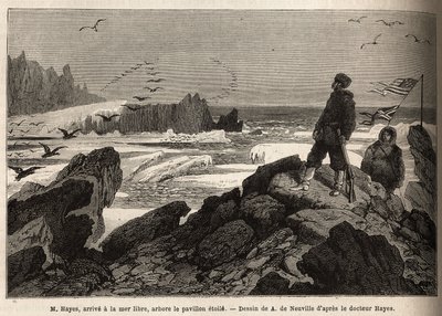 Dr. Hayes, ankommer det frie havet av den arktiske polen, formålet med ekspedisjonen hans, planter det amerikanske stjernebanneret. Gravering for å illustrere reisen til det frie havet på den arktiske polen, av doktor Hayes, kirurg ved den amerikanske mari av Unknown artist