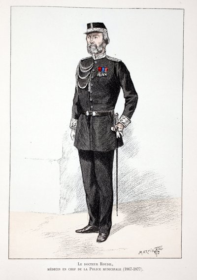 Dr. Roudil, overlege i kommunepolitiet (1867-1877). Etsning i farger, til illustrasjon "History of the Corps of Peacekeepers""" bok utgitt i regi av Louis Lepine (1846-1933), prefekt for politiet på Seinen, av A av Unknown artist