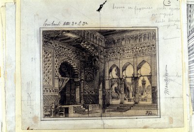 Tegning for sceneriet i scene 3 i akt II av operaen "" I Lombardi"" eller "" The Lombards at the First Crusade""" komponert av Giuseppe Verdi (1813 - 1901) i 1843. av Unknown artist