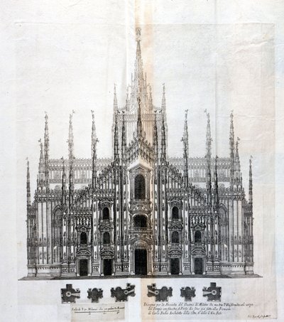 Tegning av fasaden til Duomo of Milano som viser dens enhetlighet med bygningens kropp. Mange arkitektoniske prosjekter ble designet rundt 1600-tallet for å fullføre fasaden som hadde forblitt uferdig. av Unknown artist