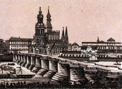 Dresden, Tyskland: utsikt over Augustus-broen i Dresden. i "" Verden illustrerer 168 visninger"" Udatert (slutten av 1800-tallet) av Unknown artist