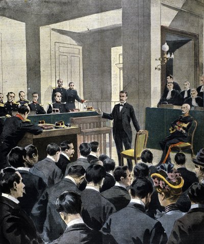 Dreyfus-saken: vitnesbyrd fra oberstløytnant Georges Picquart (1854-1914) ved rettssaken mot forfatteren Emile Zola (etter brevet J