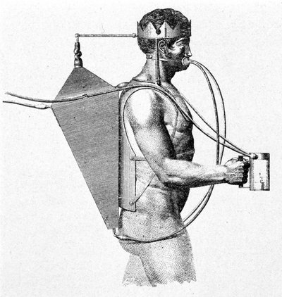 Driebergs scaphandre-prosjekt fra 1802, kjent som triton. Luften kommer rett inn i munnen til mannen. av Unknown artist
