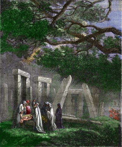 Druider som praktiserer et menneskeofring ved Stonehenge stoppet av romerske soldater - Menneskeofring av druidene en Stonehenge stopper ved de romerske soldatene under ritualet - Fargegravering fra 1800-tallet av Unknown artist