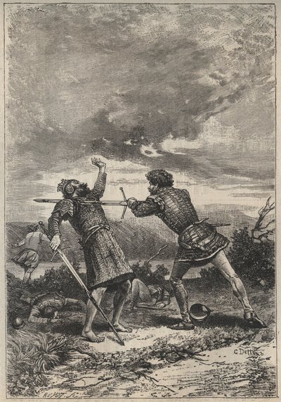 Duel and death of Oak Torquil - 1800-tallsillustrasjon for den historiske romanen "The Pretty Girl of Perth or Valentine