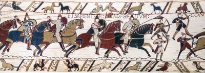 Hertug William oppfordrer troppene sine til å forberede seg på kampen mot den engelske hæren, Bayeux Tapestry (ullbroderi på lin) av Unknown artist