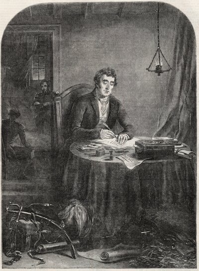 Duke of Wellington (Arthur Wellesley (1769-1852) Duke of Wellington) skriver utsendelse etter Waterloo, 19. juni 1815 - gravering 1852 av Unknown artist