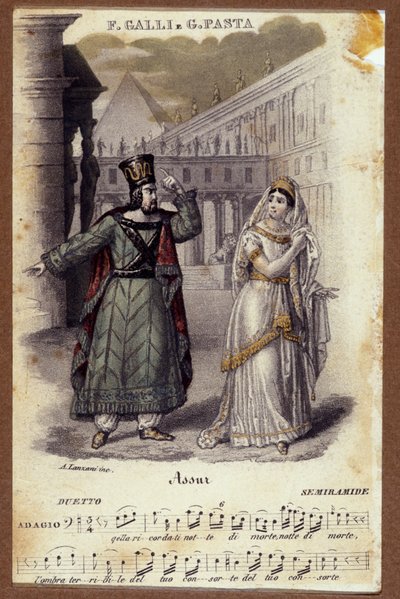 Duo mellom Giuditta Pasta og Filippo Galli i operaen "Semiramide" "(Semiramis) av Gioachino Rossini (1792-1868) av Unknown artist