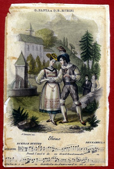 Duo mellom Giuditta Pasta og Gian Battista Rubini i operaen «La somnambule» («La Sonnambula») av Vincenzo Bellini. Teateret i Carcano i Milano. 1831. av Unknown artist