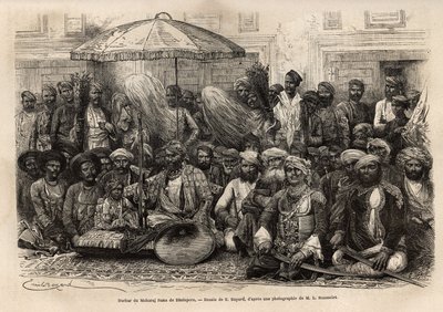 Durbar (feodalt og juridisk råd i en fyrstelig stat) av Maharaja Rana, fra kongeriket Dholepore (Rajasthan). Engravure pour illustrrer l'Inde des Rajahs, av Louis Rousselet, i 1864-1868, utgitt i "" Le tour du monde""" 1872, re av Unknown artist