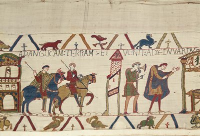 Earl Harold rides from Bosham to London, Bayeux Tapestry (wool embroidery on linen) av Unknown artist