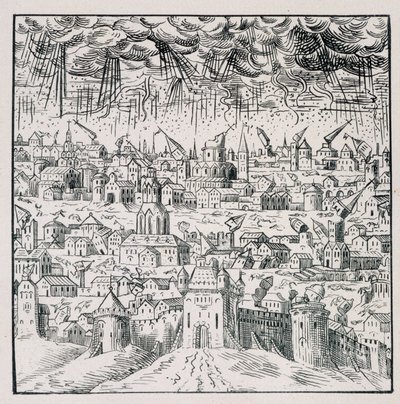 Jordskjelv i Baden - i "" Samling av 39 figurer som representerer ulykkene i Frankrike fra 1562 til 1586"; Louis Perrin trykking av Unknown artist