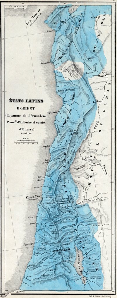 Østlatinske stater før 1144 - Kongeriket Jerusalem - Principaut av Antiokia - Greve av Edessa - Kart utarbeidet av M J-H Schnitzler, Historisk og pittoresk atlas 1858 av Unknown artist