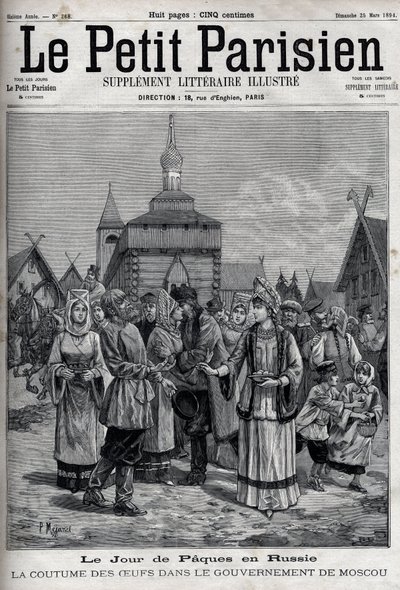 Påskedag i Russland: skikken med egg i Moskva-regjeringen. Seler av innbyggerne som tilbyr røde egg for å feire Kristi oppstandelse. Gravering i "" Le Parisien"" av Unknown artist