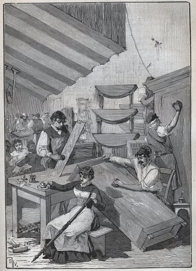 Snekkerarbeid: stempellakkeringsverksted. Gravering fra 1885 i «Les arts et professions illustrés»» av Adolphe BITARD. av Unknown artist