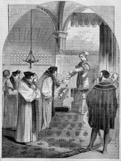 Edward VI (1547 -1553), King of England, presenting the certificate of Joan Bocher for Archbishop Cranmer av Unknown artist
