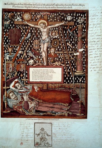 Skulpturer av Henrik I av Lorraine, 3. hertug av Guise (1550-1588) og av hans bror Ludvig II av Guise, kardinal av Lorraine (1555-1588) myrdet i Blois 23. og 24. desember 1588 etter ordre fra Henrik III. Gravering av Paris fra 1500-tallet, B.N. av Unknown artist