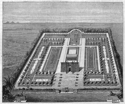 Egyptisk hage på faraoenes tid. Gravering i "" Nature: gjennomgang av vitenskapene og deres anvendelser på kunst og industri "" av 16. august 1879. av Unknown artist