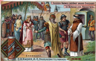 Ekkehard IV av St. Gallen (St. Gallen) eller Eckhard, Eckhart (980 -1057) erudit, og latinsk poet. Hertuginne Hadwig tar imot bror Ekkehard på gårdsplassen til slottet Hohentwiel. Verso: "" Bror Ekkehard, som hertuginnen ga i oppdrag til slottet  av Unknown artist