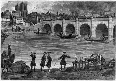 Electricite experiment performed by William Watson (1715-1787), English physicist, on the banks of the Thames in the 18th century. Engraving in “” La Nature: revue des sciences et de leurs applications aux arts et a l
