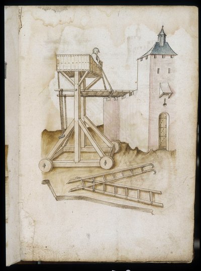 Høydesystem og skalaer - Manuskript: pergamentark av en ingeniørhåndbok for bygging av sivile, religiøse og militære bygninger, anonym, sent på 1400-tallet (figur med kinesisk blekk) av Unknown artist