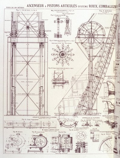 Heis og leddede stempler til Eiffeltårnet (Roux-Combaluzier-system) - industriell design av Unknown artist
