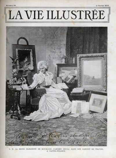 Elisabeth av Wied Dronningkonsort av Romania 1843-1916 - Elisabeth de Wied - Elisabeth Pauline Ottilie Louise de Wied (kjent som pennen til Carmen Sylva), på kontoret hennes på Castel Pelesch - omslag illustrert fra 1900 av Unknown artist