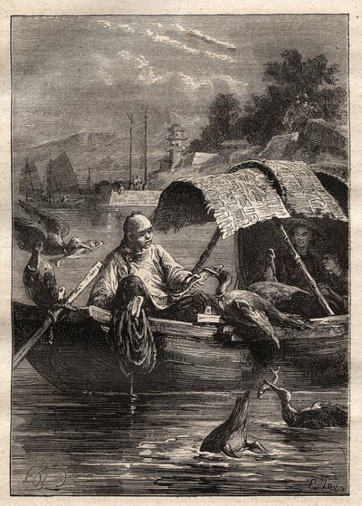 Ambassade til Lord George McCartney (1737-1806) i Kina (1792-1793): Fuglen Leut-ze, står for fiske (skarvfiske) - illustrasjon fra "The Great Mariners of the 18th century" av Unknown artist