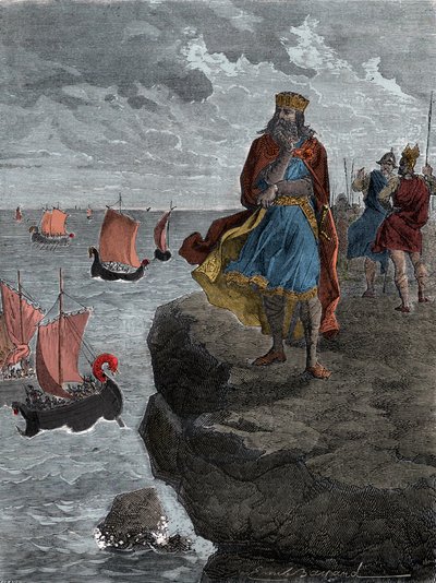 Keiser Charlemagne (Carlo Magno) ser på ankomsten av normanniske skip - Kong Charlemagne (742/747-814), kongen av frankerne, ser ned på fartøyer fylt med invaderende nordboere av Unknown artist