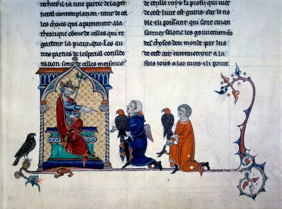Keiser Frederic II (1194-1250) mottar miniatyrfalkonerere fra "Kunsten å jakte med fugler" av Unknown artist