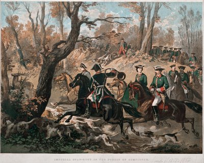 Keiser Napoleon III (1808-1873) og hans kone Eugenia de Montijo (1826-1920) går gjennom skogen Compiegne Lithography i farger rundt 1855 Milan Museo del Risorgimento av Unknown artist