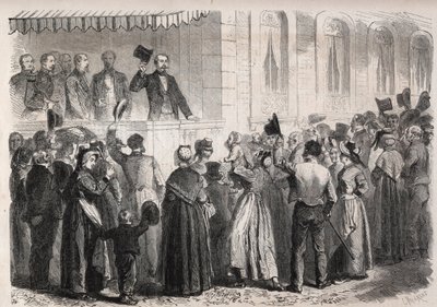 Keiser Napoleon III (1808-1873) på terrassen til villaen til Strauss a Vichy, møtt av folket på landsbygda søndag 7. juli 1861 - Gravering i "" The Illustrous World"" av Unknown artist